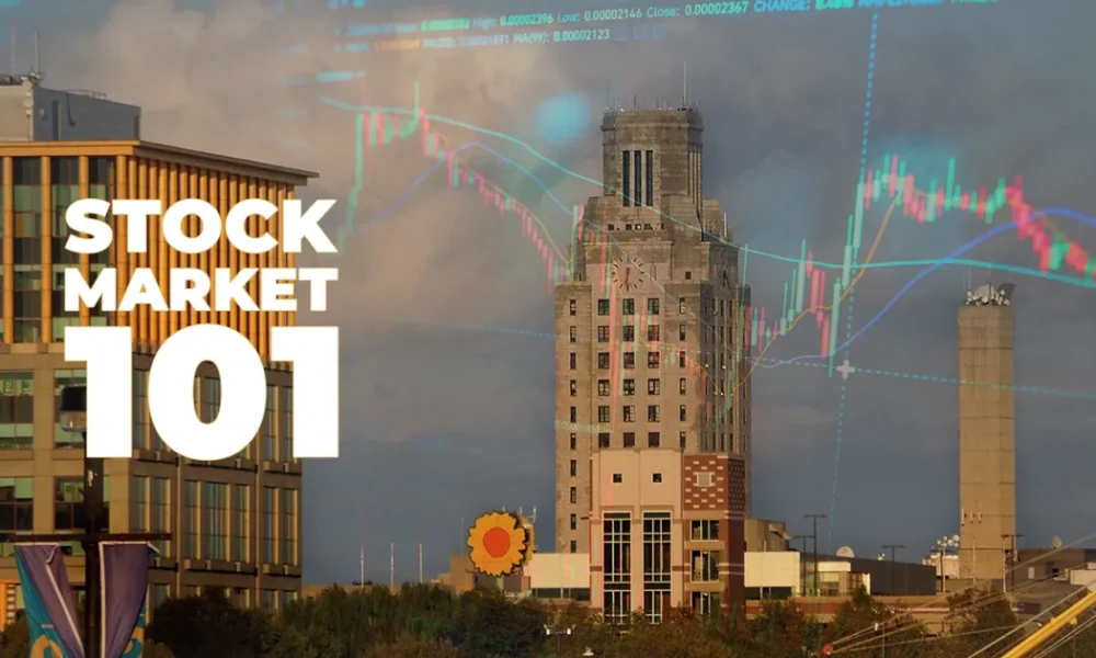 Camden city aerial view with stock market 101 text overlay