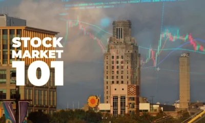 Camden city aerial view with stock market 101 text overlay