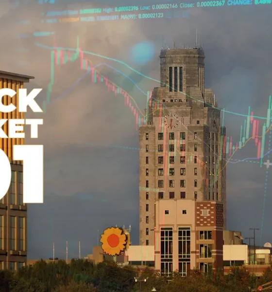 Camden city aerial view with stock market 101 text overlay