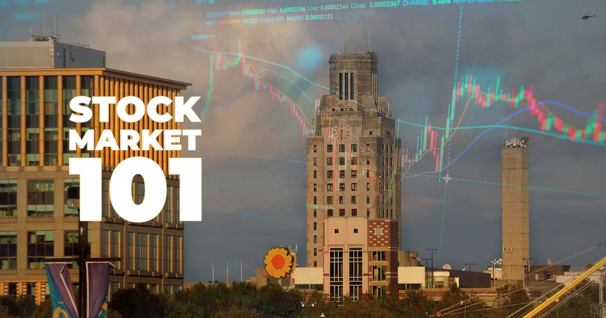 Camden city aerial view with stock market 101 text overlay