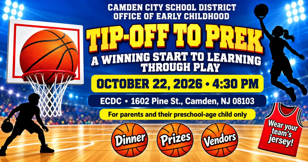 Blue and yellow Tip-Off to PreK graphic with basketball imagery, October 22, 2026 event details, and the ECDC address.