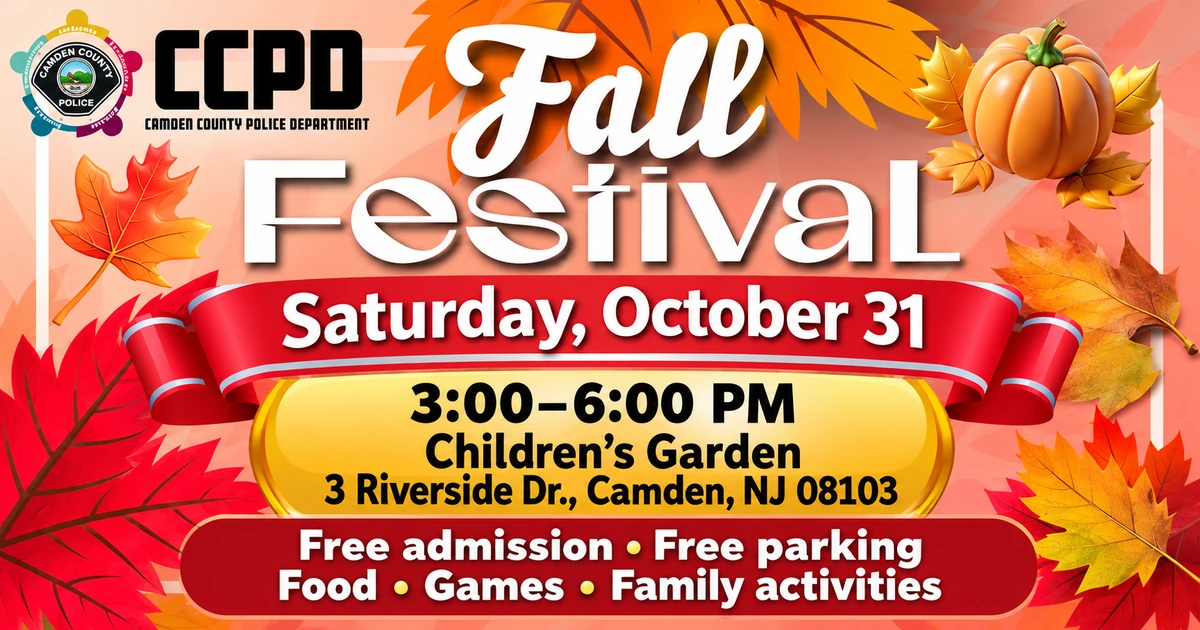 Peach and orange CCPD Fall Festival graphic with autumn leaves, a pumpkin, October 31 hours, and Children's Garden location.