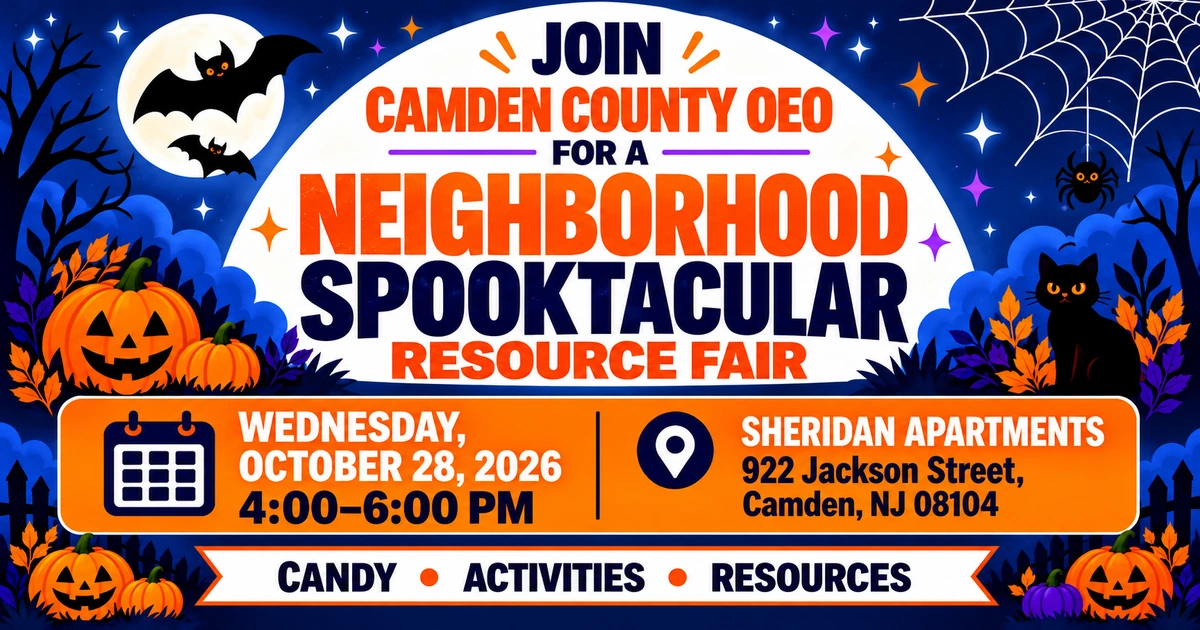 Navy and orange Neighborhood Spooktacular Resource Fair graphic with Halloween pumpkins, October 28 date, and Sheridan Apartments address