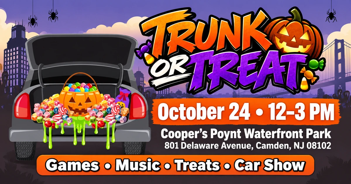 Purple and orange Trunk or Treat graphic featuring a candy-filled car trunk, October 24 hours, and Cooper's Poynt Waterfront Park location.