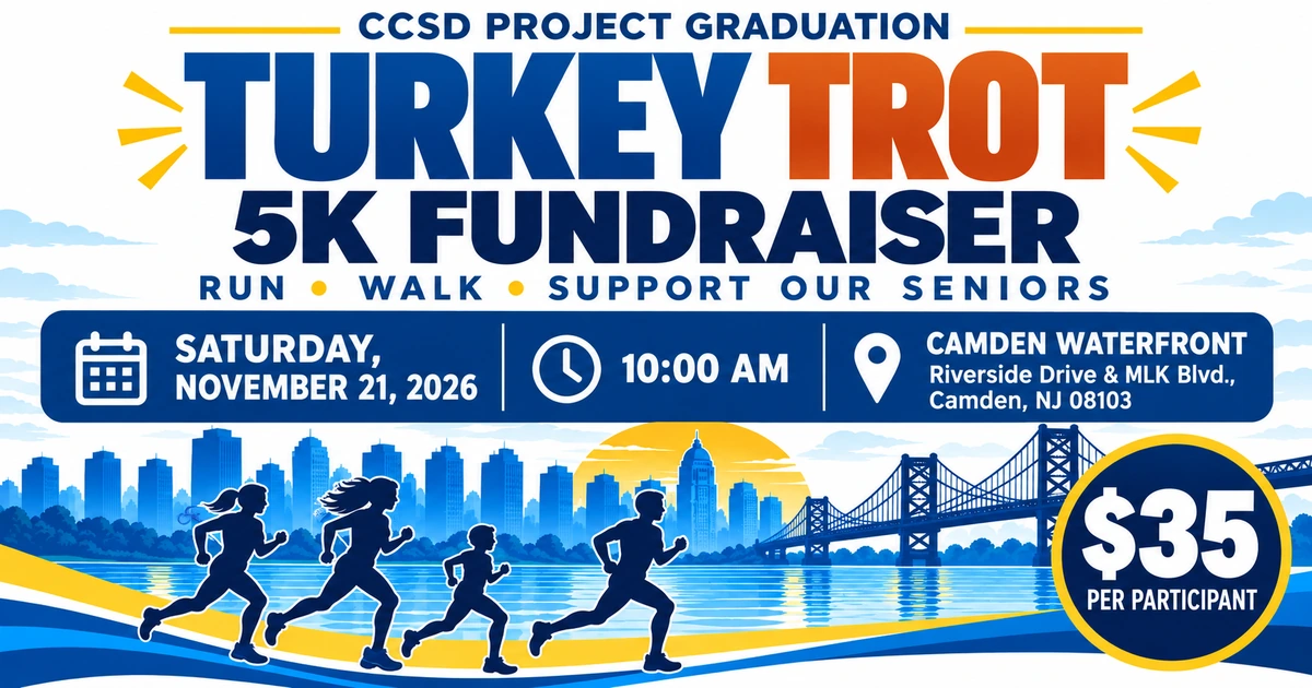 Blue, orange, and gold Turkey Trot 5K graphic with running silhouettes, waterfront bridge artwork, November 21 date, and $35 registration.